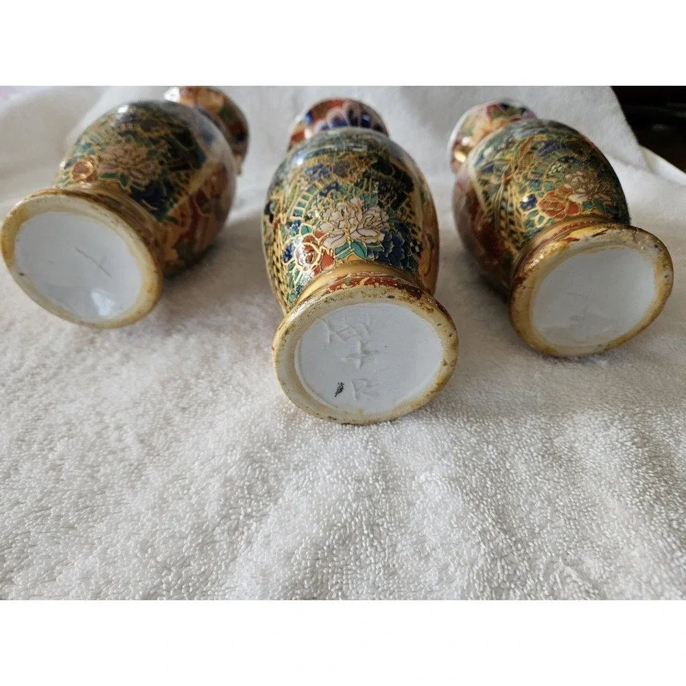 Vintage Set Of 3 hand paint Chinese Decorative Vase Coastal Birds Flowers 8 Inch